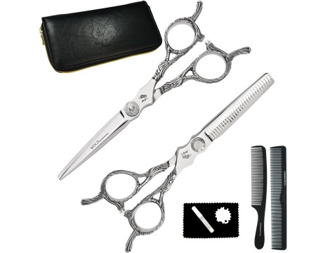 Вълк фризьорски комплект със скари и дясностоящи ножици 6,0 + калъф, фризьорски четки за подстригване на косата за професионални салони.