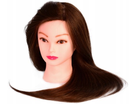 Учебна глава Ela 60 cm кафява, естествена коса + дръжка, фризьорска глава за разресване, учебна глава - 2