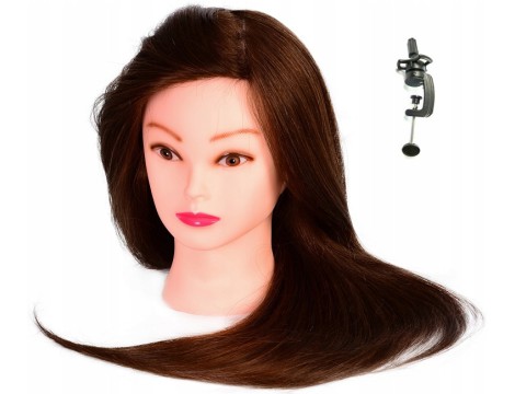 Учебна глава Ela 60 cm кафява, естествена коса + дръжка, фризьорска глава за разресване, учебна глава