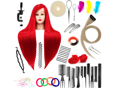 Тренировъчна глава Ilsa Red 60 cm, синтетичен косъм + дръжка, фризьорска глава за разресване, тренировъчна глава