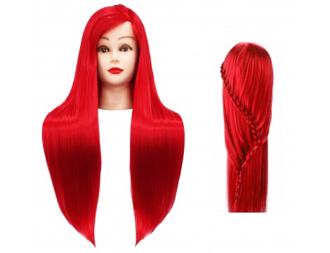 Тренировъчна глава Ilsa Red 60 cm, синтетичен косъм + дръжка, фризьорска глава за разресване, тренировъчна глава - 2