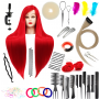 Тренировъчна глава Ilsa Red 60 cm, синтетичен косъм + дръжка, фризьорска глава за разресване, тренировъчна глава
