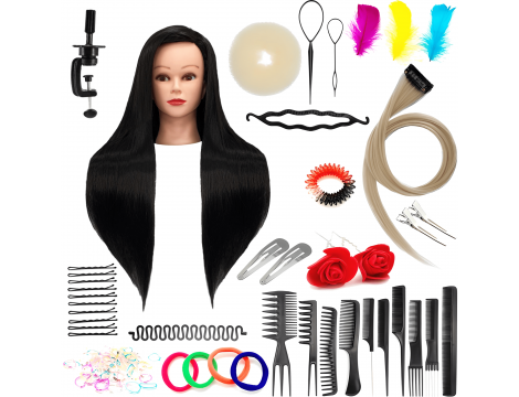 Тренировъчна глава Ilsa Black 80 cm, синтетичен косъм + дръжка, фризьорска глава за разресване, тренировъчна глава