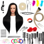 Тренировъчна глава Ilsa Black 80 cm, синтетичен косъм + дръжка, фризьорска глава за разресване, тренировъчна глава