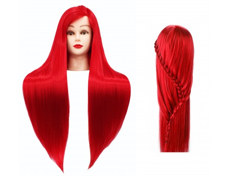 Тренировъчна глава Ilsa Red 80 cm, синтетичен косъм + дръжка, фризьорска глава за разресване, тренировъчна глава - 2