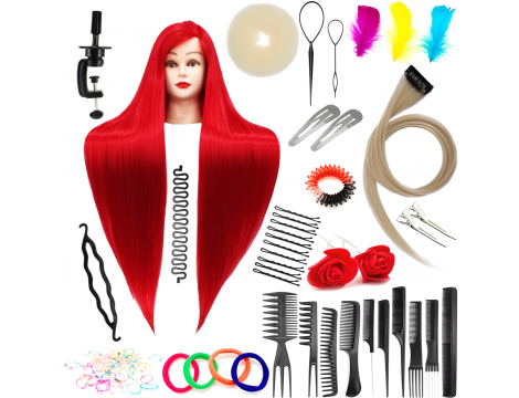 Тренировъчна глава Ilsa Red 90 cm, синтетичен косъм + дръжка, фризьорска глава за разресване, тренировъчна глава