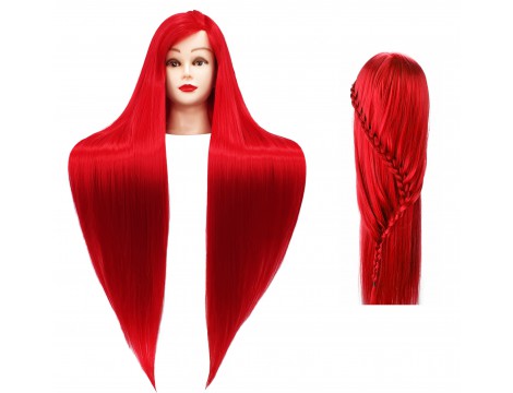 Тренировъчна глава Ilsa Red 90 cm, синтетичен косъм + дръжка, фризьорска глава за разресване, тренировъчна глава - 2