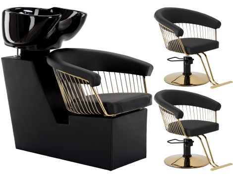 Zoe Gold Комплект фризьорски умивалник и 2 x въртящ се хидравличен фризьорски стол за фризьорски салон + табуретка за крака миялна машина подвижна купа керамична смесителна батерия