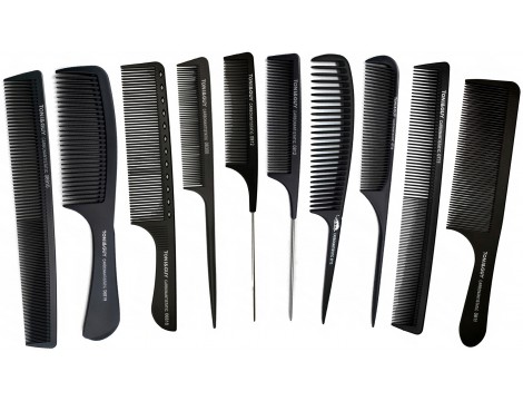 Комплект от 10 карбонови фризьорски гребена за подстригване черни
