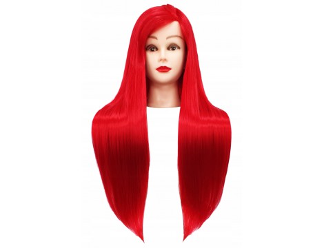Тренировъчна глава Ilsa Red 80cm, счовешка коса + дръжка, глава за трениране, фризьорски салон - 2