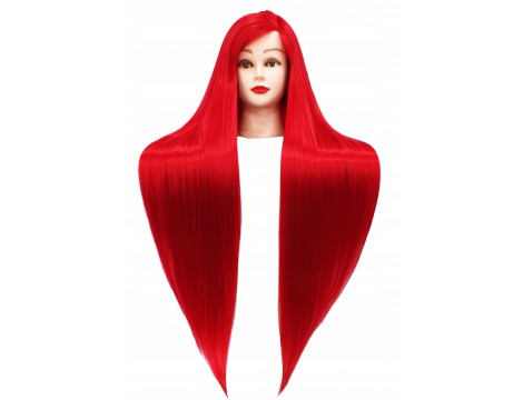 Тренировъчна глава Ilsa Red 90cm, счовешка коса + дръжка, глава за трениране, фризьорски салон - 2